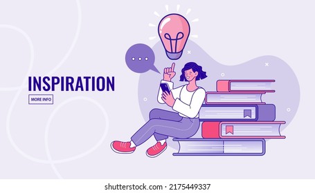 A woman sitting on a pile of books World book reading or literacy day banner. Book market or fair concept. Young people have idea. Great idea is in form of a light bulb. business, growth, study, learn