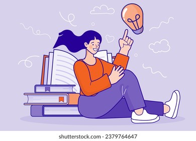 A woman sitting on a pile of books World book reading or literacy day banner. Book market or fair concept. Young people have idea. Great idea is in form of a light bulb. business, growth, study, learn