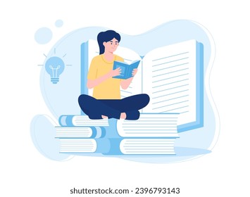 woman sitting on a pile of books and reading trending concept flat illustration