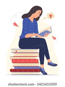 Woman Sitting on Pile of Books and Thinking Creative Idea while Reading a Book Concept Illustration