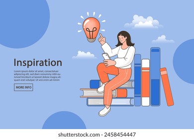 A woman sitting on a pile of books. World book reading or literacy day banner. Book market or fair concept. Young people have idea. Great idea is in form of a light bulb. business, growth, study.