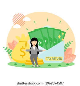 Woman sitting on pile of coin showing her tax return cartoon vector