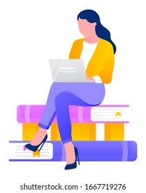 Woman sitting on piles of books searching answer in internet isolated person in flat cartoon style. Vector illustration business lady on high heels, freelancer on stalk of textbooks, working character
