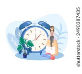 Woman sitting on a pill bottle taking her daily medication with a giant alarm clock