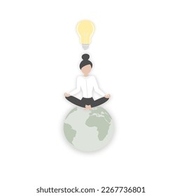 Woman sitting on planet earth in lotus yoga position with a light bulb over her head. Big idea concept