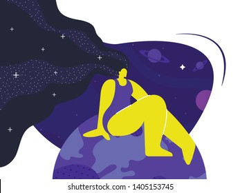 Woman Sitting on Planet Flat Vector Illustration. Dreamy Lady Meditating Faceless Cartoon Character. Surreal Calm Girl with Stars in Hair. Space Fantasy, Spiritual Journey, Yoga Relaxation