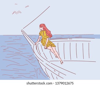 A woman is sitting on a prow and looking at the beach. hand drawn style vector design illustrations. 