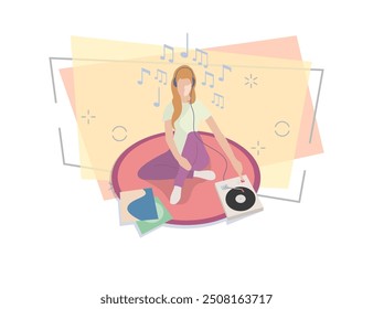 Woman sitting on rag and listening to vinyl record in headphones vector illustration. Music lover, retro music, resting. Leisure concept. Can be used for topics like hobby, domestic lifestyle, music