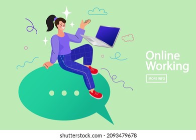 Woman sitting on reply bubble sign with laptop. Online work and technologies. Speech bubbles for comment. people using laptop and leaving comments in social networks. remote job vector illustration