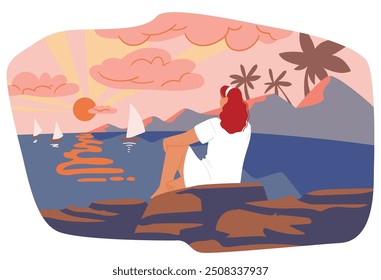 Woman Sitting On A Rock, Watching A Beautiful Sunset Over The Ocean. The Scene Features Sailboats, Palm Trees And Colorful Clouds, Creating Serene Peaceful Ambiance, Relaxation, Tranquility And Nature