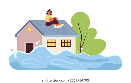 Woman sitting on roof flat concept vector spot illustration. Flooded house. Natural disaster. Scared woman 2D cartoon character on white for web UI design. Isolated editable creative hero image