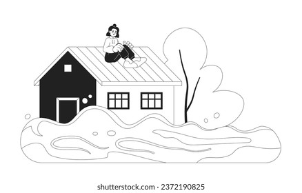 Woman sitting on roof monochrome concept vector spot illustration. Flooded house. Natural disaster. Scared woman 2D flat bw cartoon character for web UI design. Isolated editable hand drawn hero image