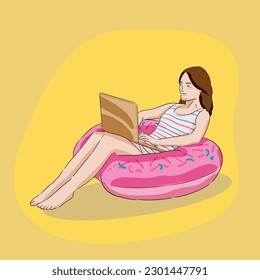 Woman sitting on rubber ring in swimsuit and hat works at a laptop, Freelance concept, work from tropical paradise, videoconference. Vector illustration.