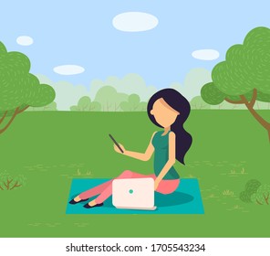Woman sitting on rug on grass in park and working with laptop on fresh air. Girl with smartphone and computer outdoors, freelancer character vector illustration