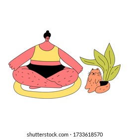 Woman sitting on the rug in lotus pose. Self-care concept. Illustration on white background.