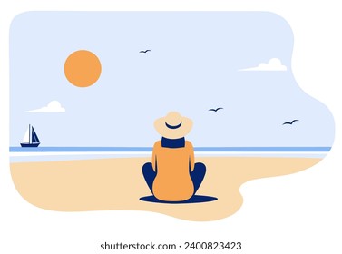 A woman sitting on the sand on the seashore and looking at a yacht, seagulls, clouds and the sun. Flat vector illustration.