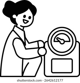 A woman is sitting on a scale. The scale is showing a number. The woman is smiling