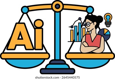 A woman is sitting on a scale with the word AI on the left side. The scale is balanced with the woman on the right side