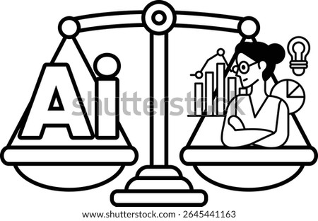 A woman is sitting on a scale with the word AI on the left side. The scale is balanced with the woman on the right side