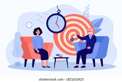 Woman sitting on session of hypnosis therapy isolated flat vector illustration. Cartoon psychologist holding abstract psychedelic whirlpool. Altered state of mind and unconsciousness concept