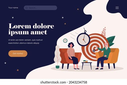 Woman sitting on session of hypnosis therapy isolated flat vector illustration. Cartoon psychologist holding abstract psychedelic whirlpool. Altered state of mind and unconsciousness concept