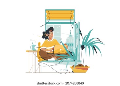 Woman sitting on sill vector illustration. Pretty girl using laptop for fun flat style. Watching video series or surfing information on internet. Relax and hobby concept. Isolated on white background