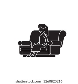 Woman sitting on the sofa black vector concept icon. Woman sitting on the sofa flat illustration, sign