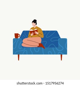 Woman sitting on sofa with a book in her hands. A woman character showing way of relaxing in the house. Flat vector illustration