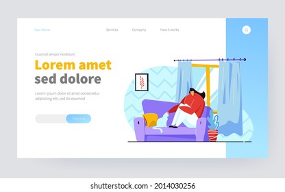 Woman sitting on sofa with cat. Female character smiling and petting domestic animal on couch, picture on wall, window with curtains, plant. Leisure, relaxation, resting, pet concept