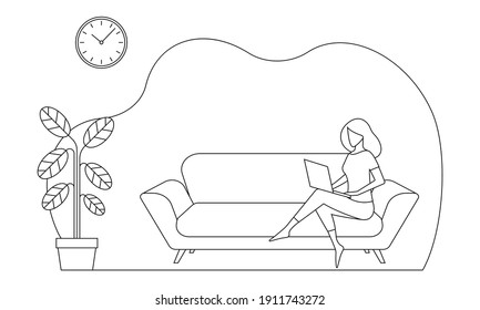 Mujer sentada en un sofá o sofá y trabajando en un portátil. Home Office, freelance o el concepto de esquema de estudio en línea. Ilustración vectorial.