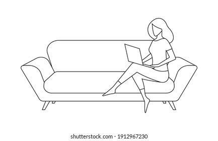 Woman sitting on a sofa or couch and working at a laptop. Home office, freelance or online studying outline concept. Vector illustration.