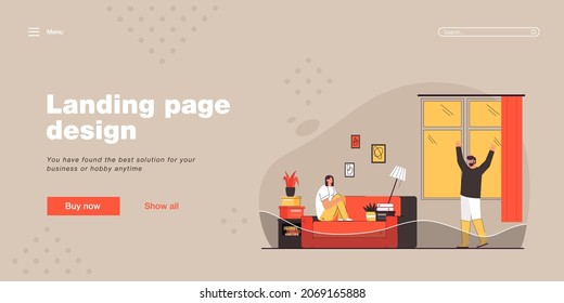 Woman sitting on sofa and crying because of broken water pipe. Water flooding in house flat vector illustration. Plumber in rubber boots cheering up his wife. Overflow, family, home concept