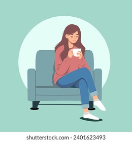 woman sitting on sofa drinking coffee vector illustration
