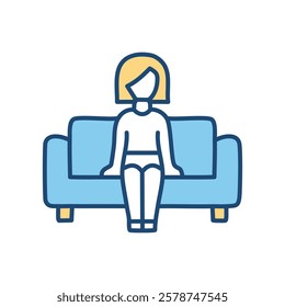 Woman sitting on sofa flat color icon. Isolated vector illustration.