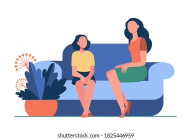 Woman sitting on sofa with girl. Mother, daughter on couch, flat vector illustration. Family and relationship concept for banner, website design or landing web page