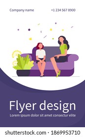 Woman sitting on sofa with girl. Mother, daughter, couch flat vector illustration. Family and relationship concept for banner, website design or landing web page