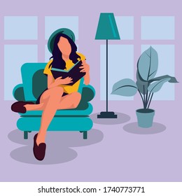 woman sitting on sofa in her room and reeding book. Weekend or free time spending. Vector cartoon flat illustration.Rest in a young girl in a chair. Room with flower and lamp.Room in blue tones