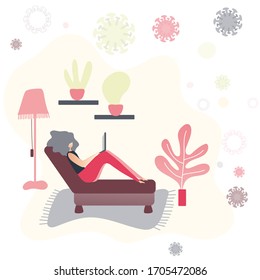Woman sitting on a sofa with laptop. Working from home concept during the Coronavirus epidemic. Staying home in self isolation. Positive and relaxed thoughts. Vector illustration.
