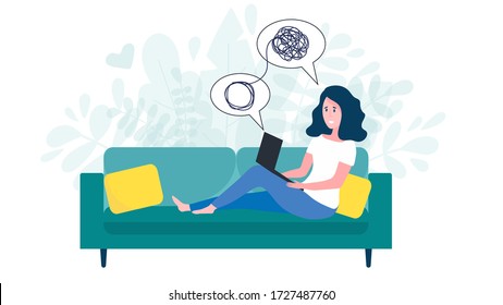 Woman Sitting On Sofa With Laptop On Online Psychological Consultation. Concept Of Online Psychotherapy Session, Support Or Help. Professional Online Therapist Counseling Female With Mental Problem.