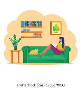 Woman sitting on sofa with laptop.  Freelancer works from house office. Online education, student girl studying at home. Quarantine, isolation period concept. Vector cartoon design