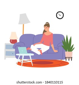 woman sitting on sofa with laptop in the living room, indoor activities vector illustration