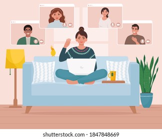 Woman, sitting on sofa with laptop and takes Video conference with friends or colleagues. Work from home concept. Vector illustration in flat style