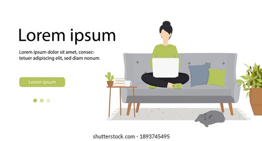 Woman sitting on the sofa with laptop isolated on the white background. Banner. Vector illustration