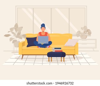 Woman sitting on sofa with laptop in her living room. Home office concept. Vector illustration in flat style