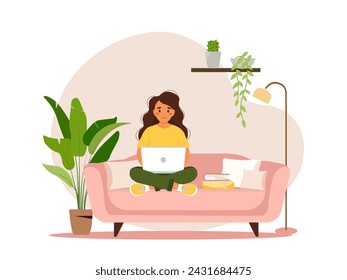 A woman is sitting on the sofa with a laptop. Girl working or learning at home on the sofa. Freelance, work at home, online job, home office e-learning concept. Vector illustration.