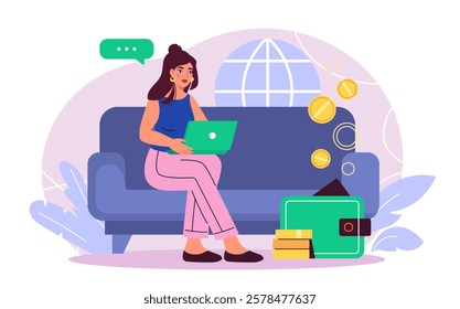 A woman sitting on a sofa with a laptop, coins, and a wallet beside her, symbolizing online earnings or financial management. Creative design, white background. Vector illustration.