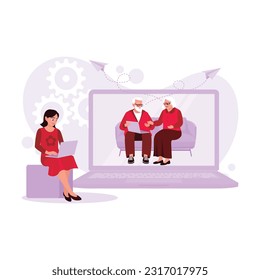 The woman is sitting on the sofa, making video calls with her grandparents to catch up with their homesickness, using a laptop and an internet connection. Trend Modern vector flat illustration.