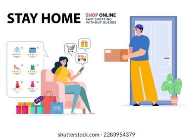 Woman sitting on the sofa and ordering products, concept of stay home shop online, free home delivery.