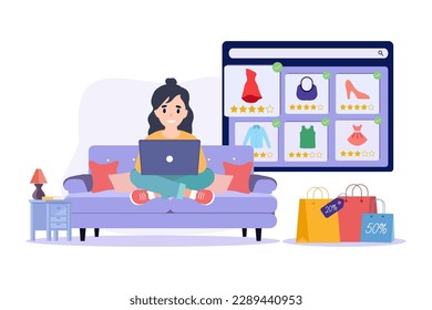 Woman sitting on the sofa and ordering products concept of Clothing store, Online Shopping, Home delivery.