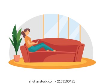 A woman is sitting on the sofa with a phone. Distance learning, freelance, online.Vector illustration of a cartoon.